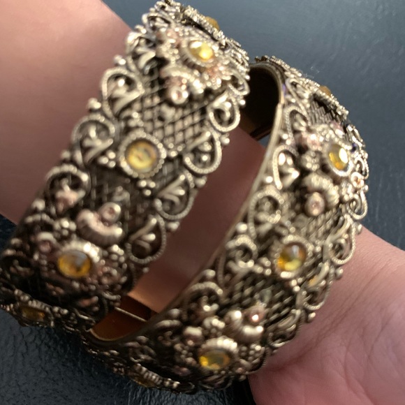 Antique Gold Wide Bracelets with Precious Gemstones x 2 - Picture 3 of 4